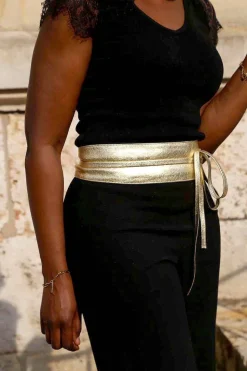 Ceinture En Cuir Metallise Dore Casey