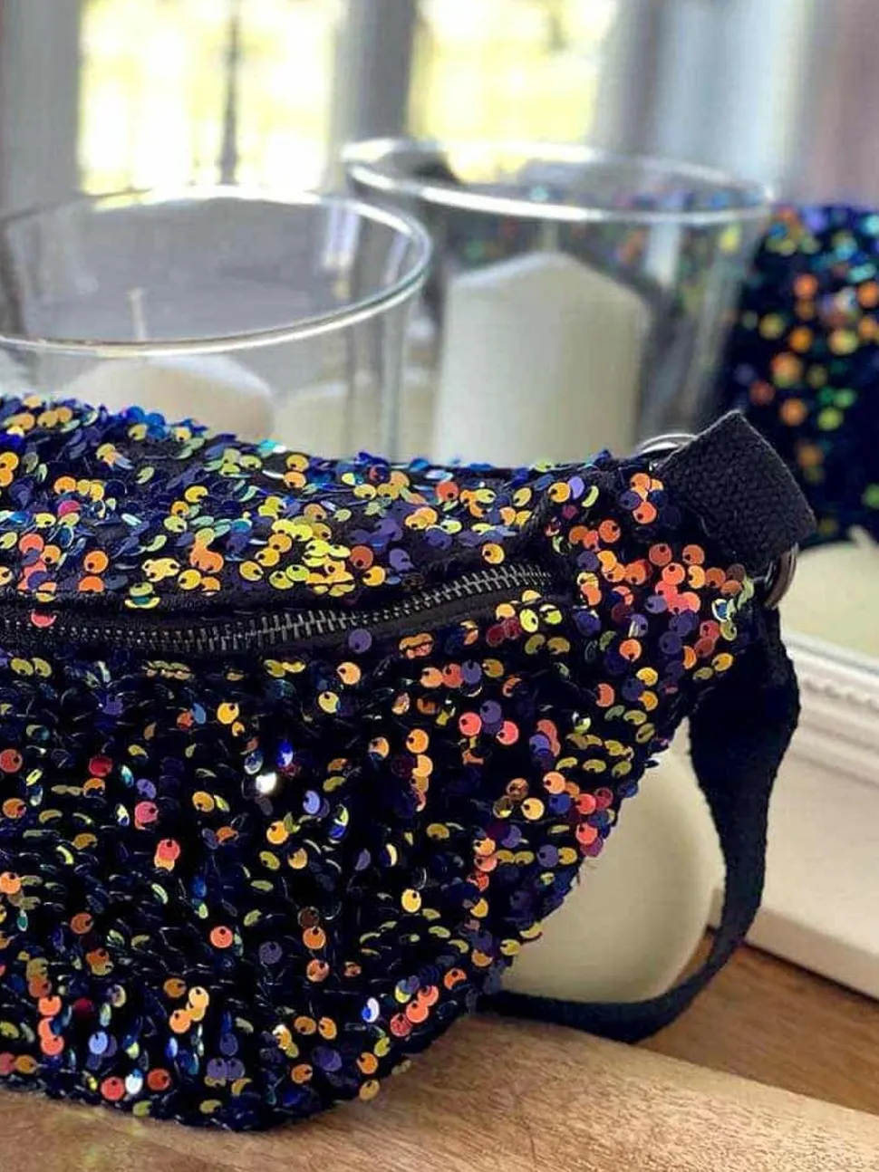 Sac Banane Bleu Peche A Sequins Laumy